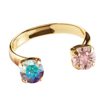Anello due cristalli, tondo 5mm - oro - aurore boreale / rosa vintage