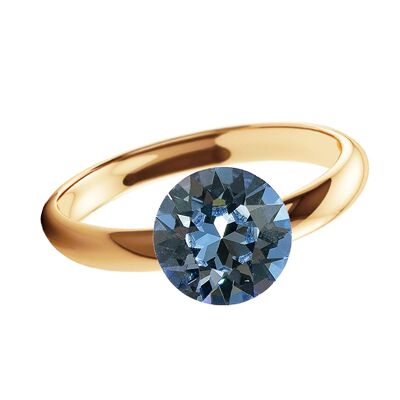 One crystal silver ring, round 8mm - gold - denim blue