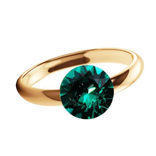 One crystal silver ring, round 8mm - gold - emerald