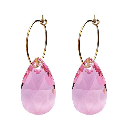 Large drop earrings with ring, 22mm crystal - gold - light rose