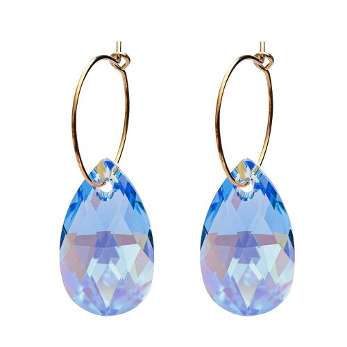 Large drop earrings with ring, 22mm crystal - gold - light saphire