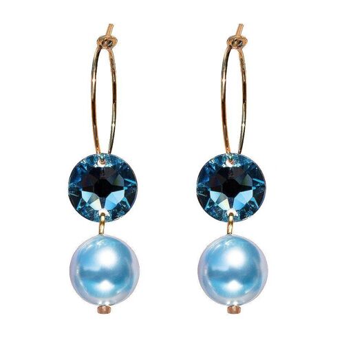 Circle earrings with pearls and crystals, 10mm pearl - gold - Aquamarine / Light Blue