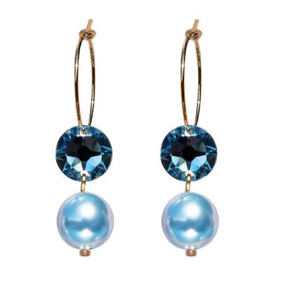 Boucles d'oreilles cercle avec perles et cristaux, perle 10mm - or - Aigue-marine / Bleu clair