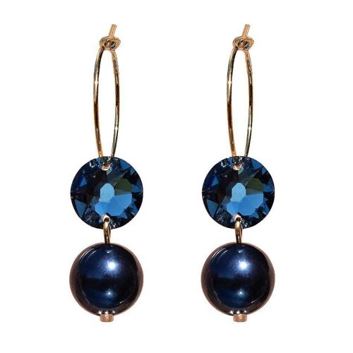 Circle earrings with pearls and crystals, 10mm pearl - gold - denim / Night Blue