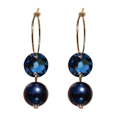 Pendientes circulares con perlas y cristales, perla 10mm - oro - denim / Night Blue