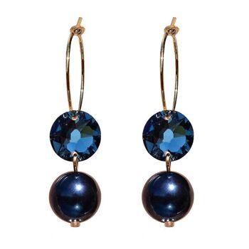 Boucles d'oreilles cercle avec perles et cristaux, perle 10mm - argent - denim / Night Blue 1