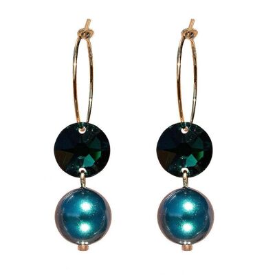 Circle earrings with pearls and crystals, 10mm pearl - gold - emerald / tahitian