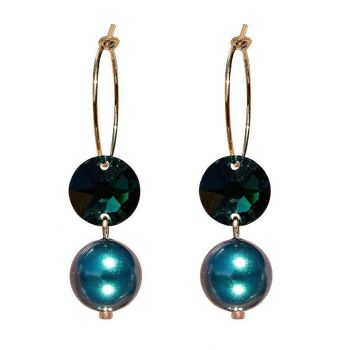 Boucles d'oreilles cercle avec perles et cristaux, perle 10mm - argent - émeraude / tahiti 1