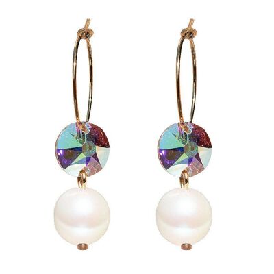 Boucles d'oreilles cercle avec perles et cristaux, perle 10mm - or - aurore boréale / nacrée
