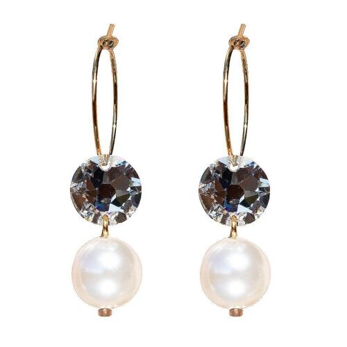Ring earrings with pearls and crystals, 10mm pearl - gold - Crystal / White