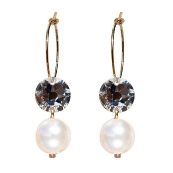 Boucles d'oreilles anneau avec perles et cristaux, perle 10mm - or - Cristal / Blanc 1