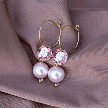 Boucles d'oreilles anneau avec perles et cristaux, perle 10mm - or - Cristal / Blanc 3