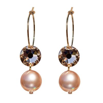 Circle earrings with pearls and crystals, 10mm pearl - golden - Golden Shadow / Almond