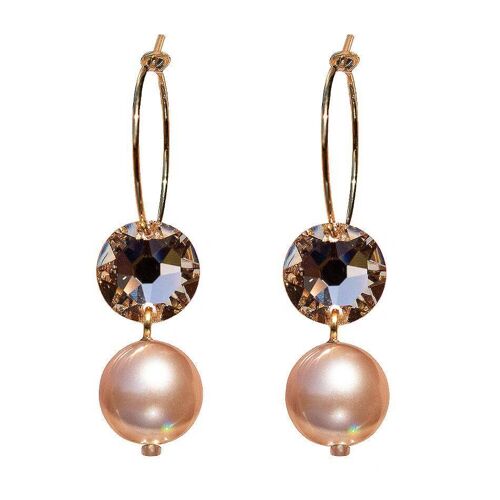 Ring earrings with pearls and crystals, 10mm pearl - silver - Golden Shadow / Almond