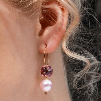 Boucles d'oreilles anneau avec perles et cristaux, perle 10mm - argent - Golden Shadow / Amande 2