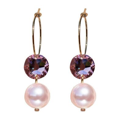 Pendientes circulares con perlas y cristales, perla de 10 mm - oro - Light Rose / Rosaline