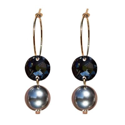 Boucles d'oreilles cercle avec perles et cristaux, perle 10mm - or - Silver Night / Gris
