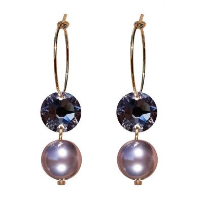 Pendientes circulares con perlas y cristales, perla de 10 mm - oro - malva ahumado / malva