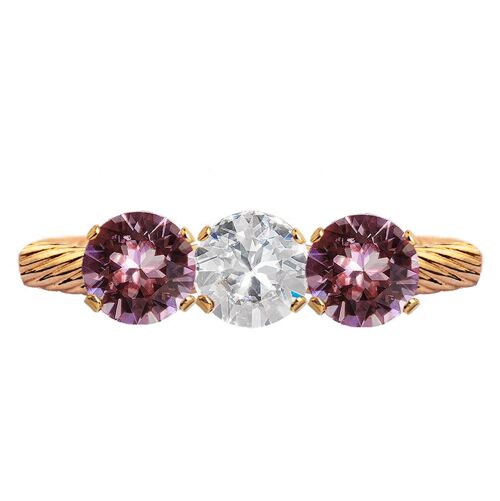 Three crystal ring, round 5mm crystal - gold - crystal / antique pink