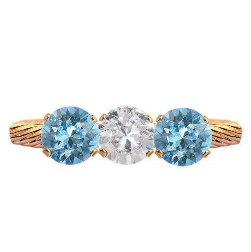 Three crystal ring, round 5mm crystal - gold - crystal / aquamarine