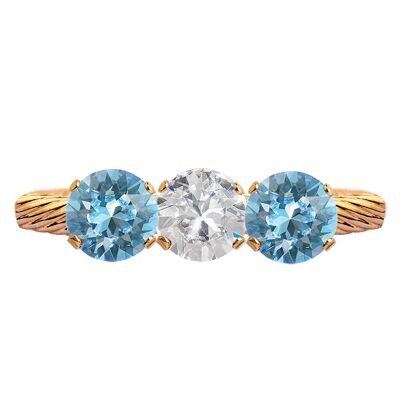 Ring mit drei Kristallen, runder 5 mm Kristall - Gold - Kristall / Aquamarin