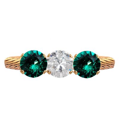 Three crystal ring, round 5mm crystal - gold - crystal / emerald