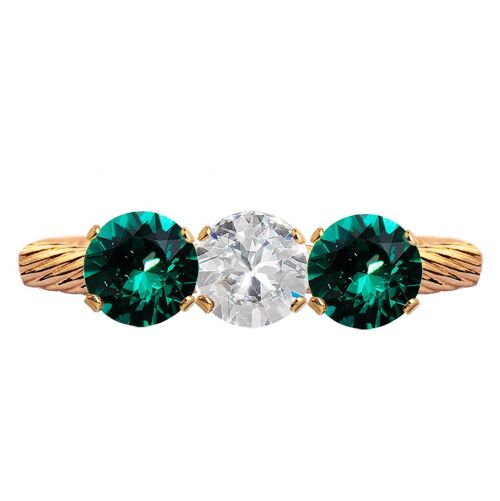 Three crystal ring, round 5mm crystal - silver - crystal / emerald