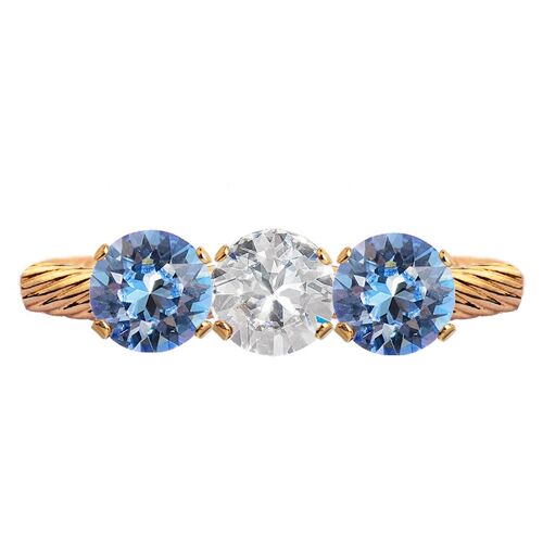 Three crystal ring, round 5mm crystal - gold - crystal / light saphire