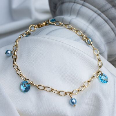 Leg chain with crystals and pearls - gold - Aquamarine