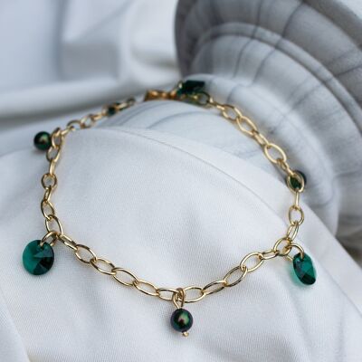 Beinkette mit Kristallen und Perlen - Gold - Smaragd