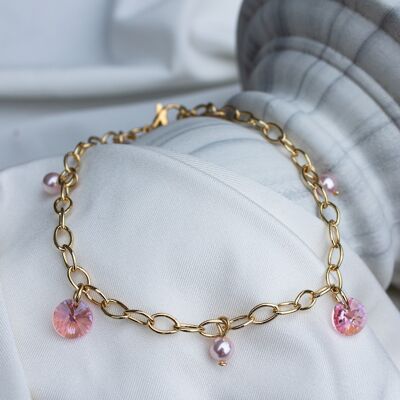 Leg chain with crystals and pearls - gold - Light Rose