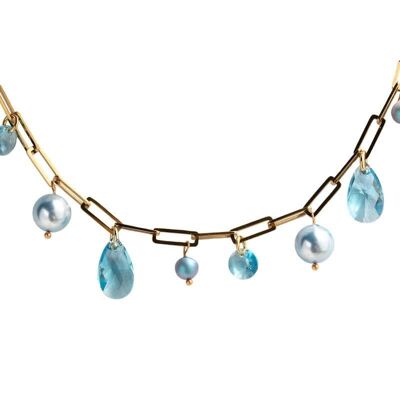 Hand chain with crystal droplets and pearls - Aquamarine