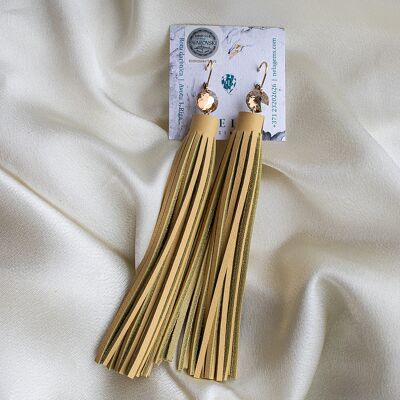 Leather earrings with fringes, 10mm round crystal - gold - Light Yellow