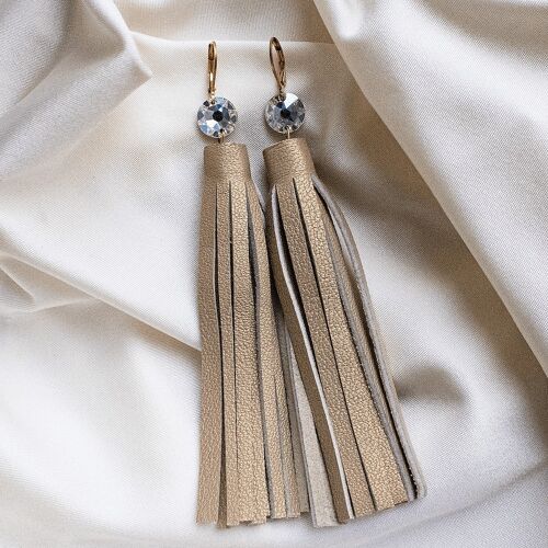 Leather earrings with fringes, 10mm round crystal - gold - Golden