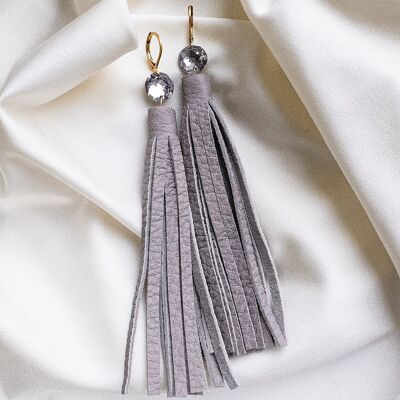 Leather earrings with fringes, 10mm round crystal - silver - mauve