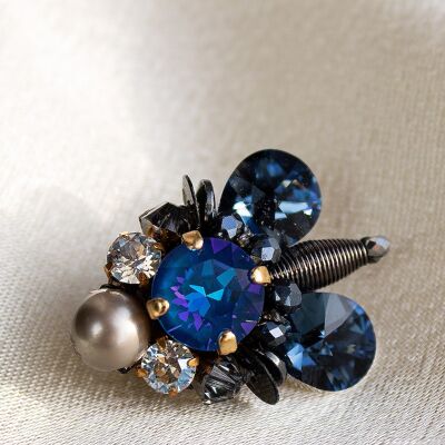 Insect brooch little flies, crystals and pearls - Blue