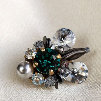 Insect brooch little flies, crystals and pearls - emerald