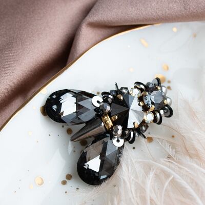 Broche insecto moscas grandes, cristales y perlas - Negro