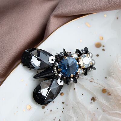 Insect brooch big flies, crystals and pearls - Light saphire