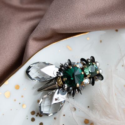 Broche insecte grosses mouches, cristaux et perles - Emeraude