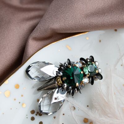 Insect brooch big flies, crystals and pearls - Emerald