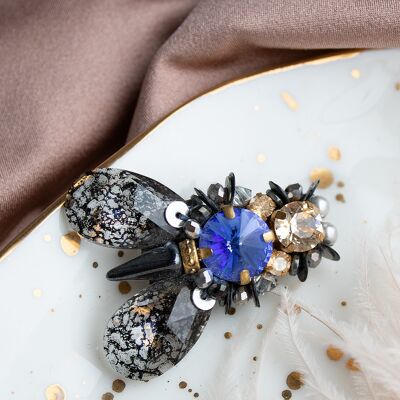 Insect brooch big flies, crystals and pearls - saphire