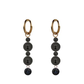 Boucles d'oreilles pendantes cristaux et perles - or - graphite / noir mystique 1