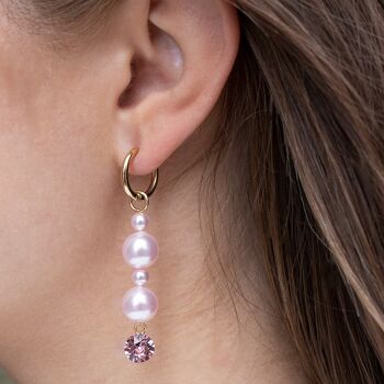 Boucles d'oreilles pendantes cristaux et perles - or - tanzanite / mauve 2