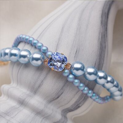 Bracelet double perle avec carré de cristal - or - Bleu clair