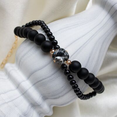 Pulsera de perlas dobles con cristal cuadrado - oro - negro místico