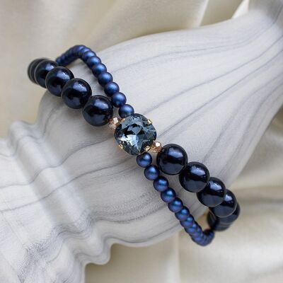 Bracelet double perle avec carré de cristal - or - Bleu Nuit