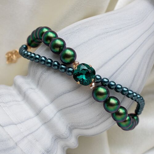Double pearl bracelet with crystal square - gold - Scarabeus Green