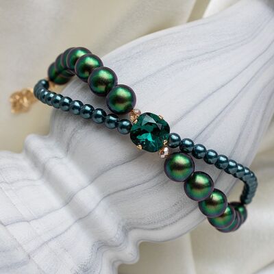 Doppeltes Perlenarmband mit Kristallquadrat - Gold - Scarabeus Green