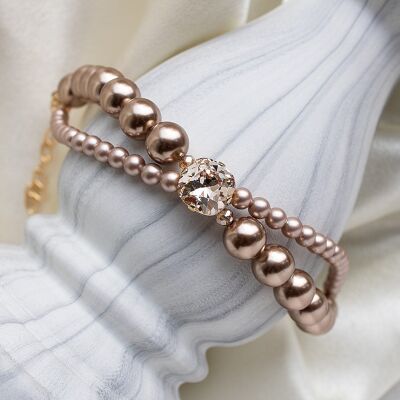 Pulsera de perlas dobles con cristal cuadrado - oro - Oro rosa